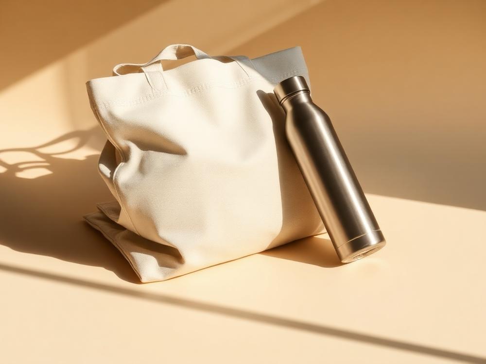 Folded canvas tote bag beside a stainless steel water bottle