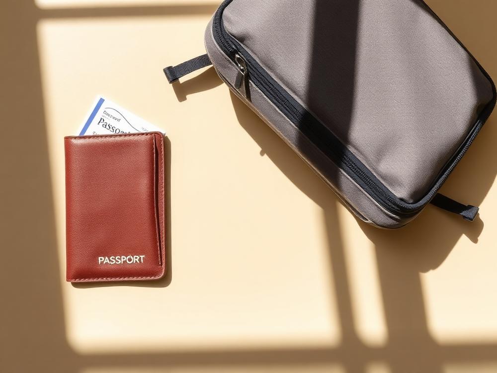 Document wallet holding travel papers next to a zipped packing cube