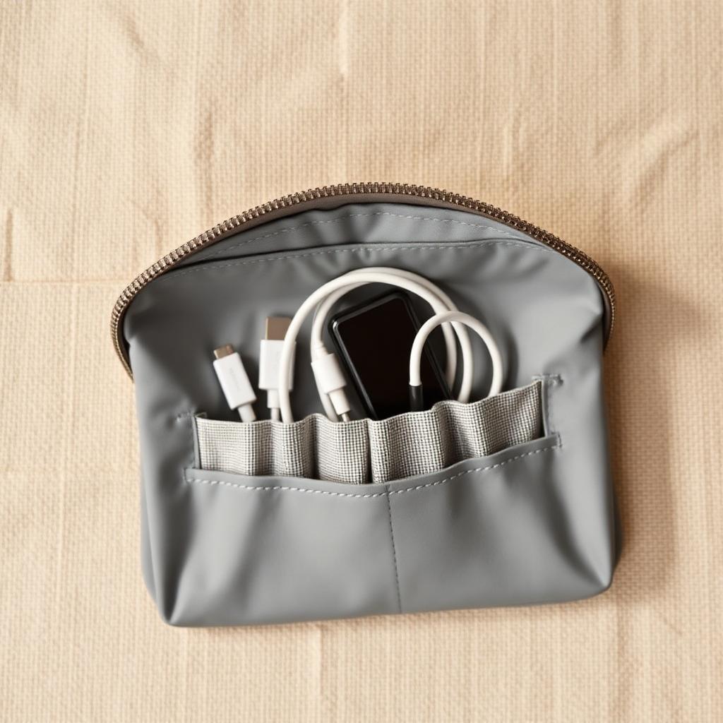 Open grey zip pouch with cables held in elastic sections