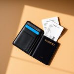 Open black document wallet with card slots and travel papers