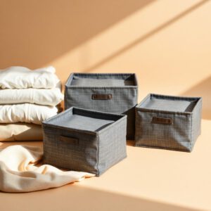 Three grey fabric packing cubes beside folded clothes