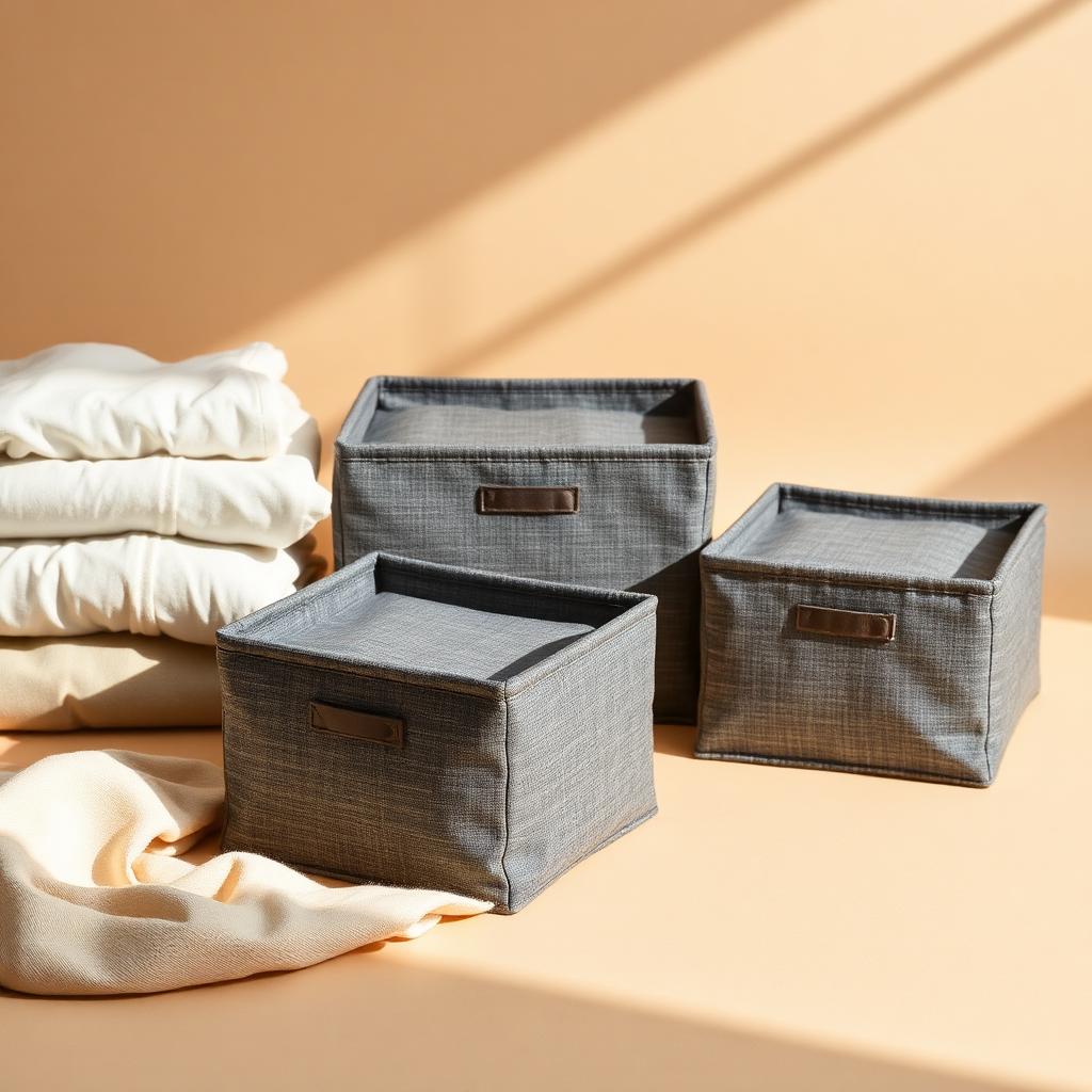 Three grey fabric packing cubes beside folded clothes
